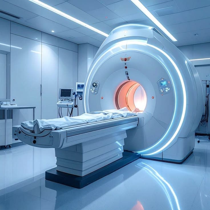 A CT scanner in a bright, clean imaging room.