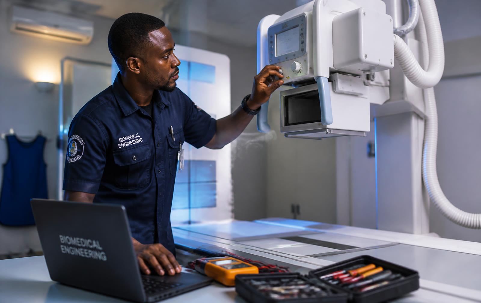 Biomedical engineer servicing hospital equipment